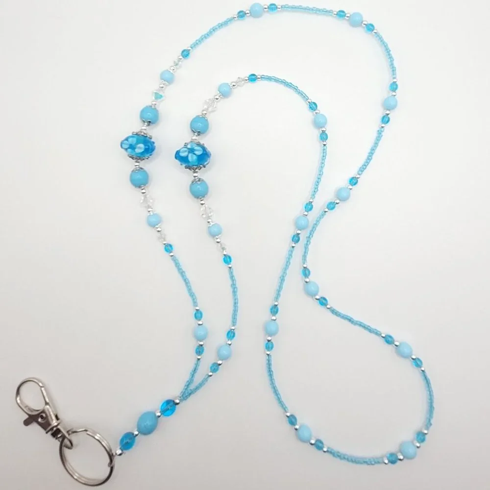 Turquoise Blue Flowers, Beaded Lanyard for Women, Badge, ID Holder, Keychain - Picture 3 of 5